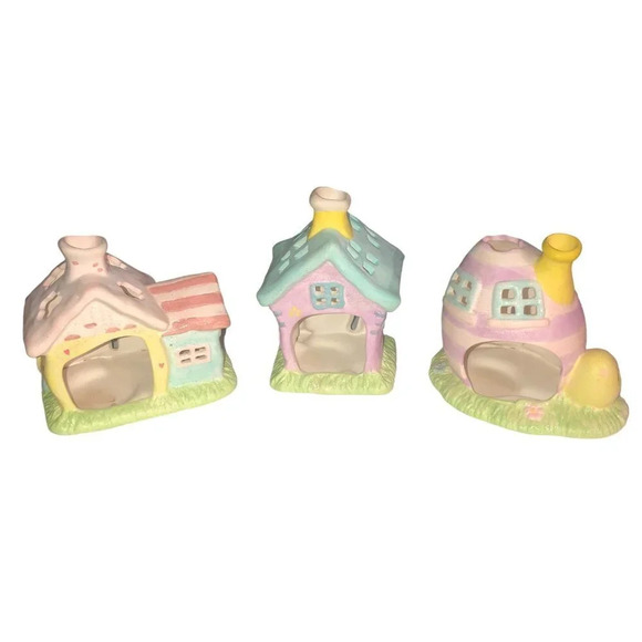 Vintage RUSS BERRIE Glitter Glam Easter Bunny Houses Votive Candle Holder Set 3 - Picture 4 of 9